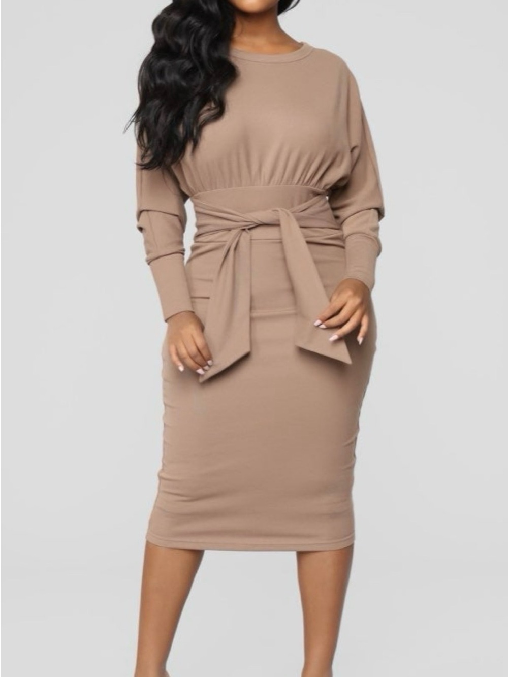 Fashion Nova Taupe Tie-Waist Long Sleeve Midi Dress
